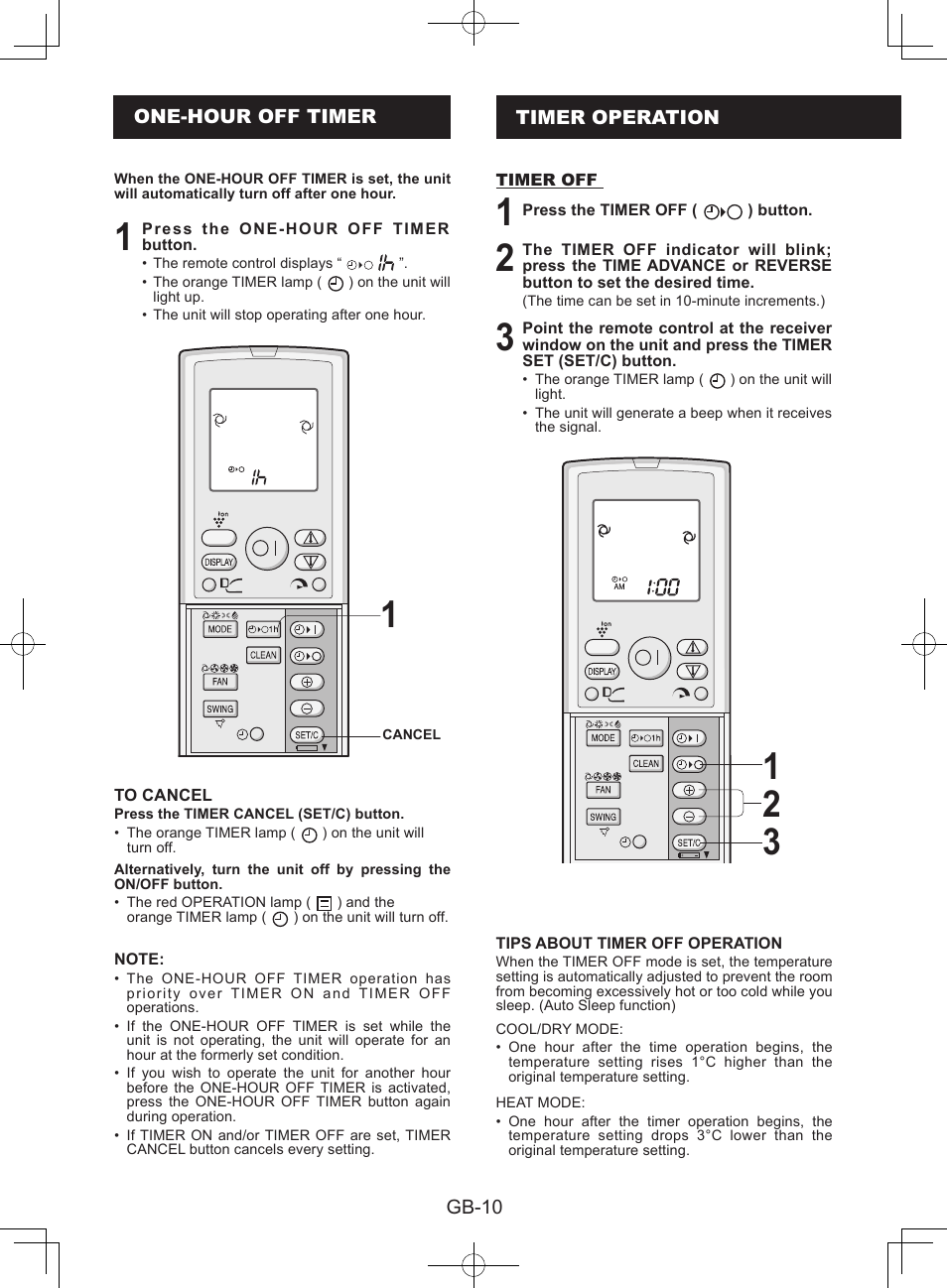 One-hour off timer, Timer operation | Sharp AY-XPC9JR User Manual | Page 12 / 116