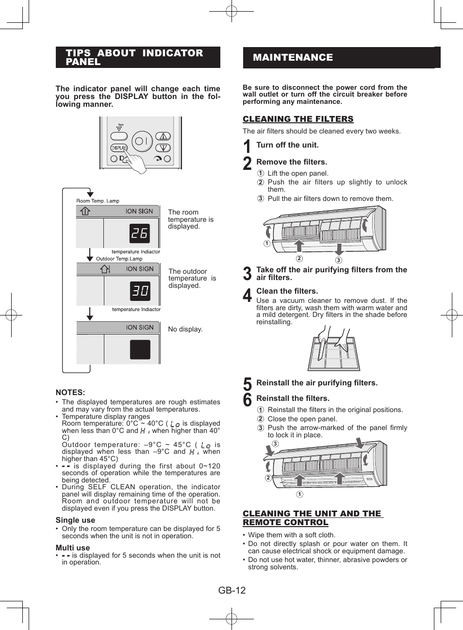 Tips about indicatorpanel, Maintenance | Sharp AY-XPC9JR User Manual | Page 14 / 116