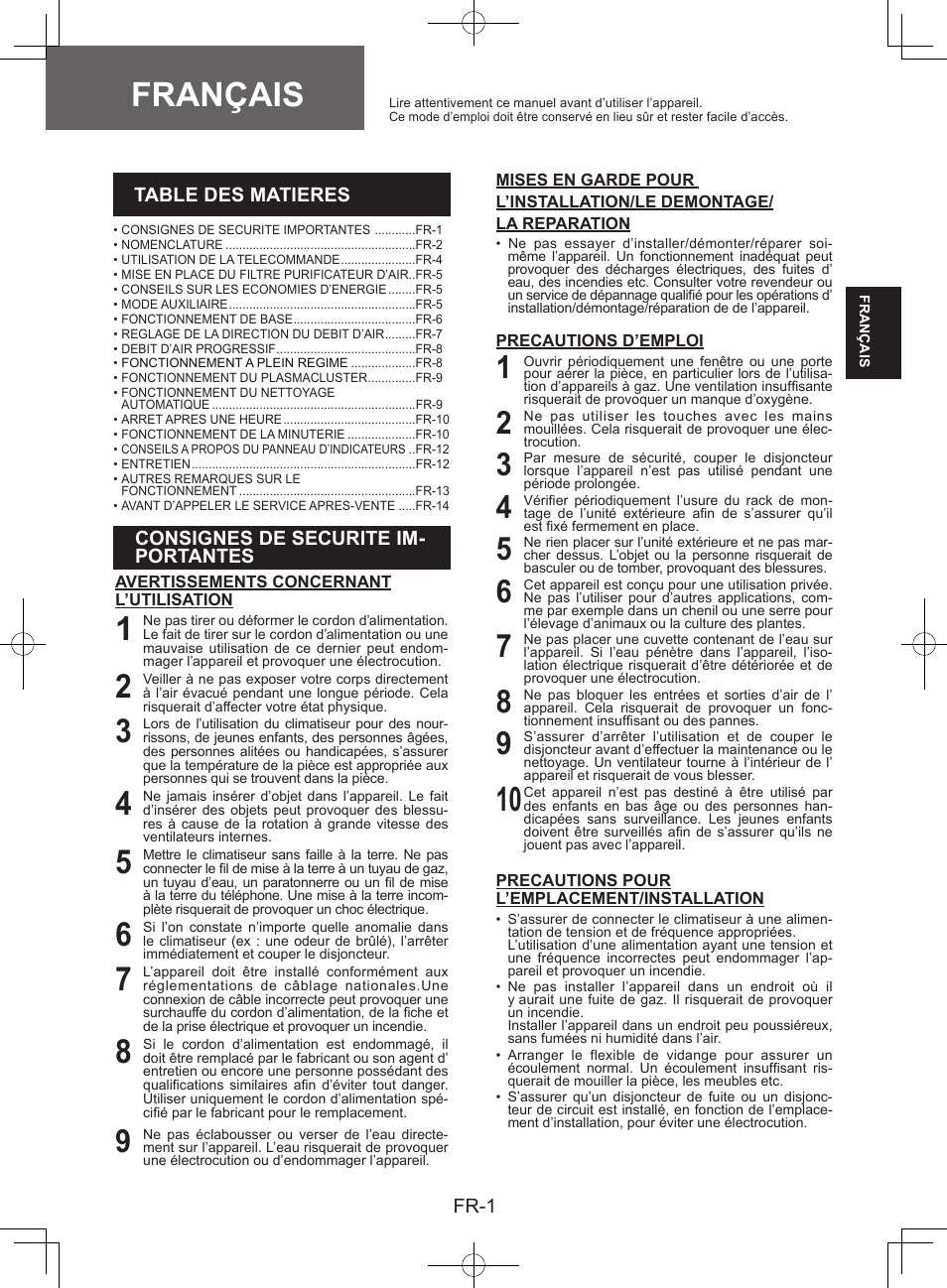 Français, Table des matieres, Consignes de securite importantes | Sharp AY-XPC9JR User Manual | Page 19 / 116