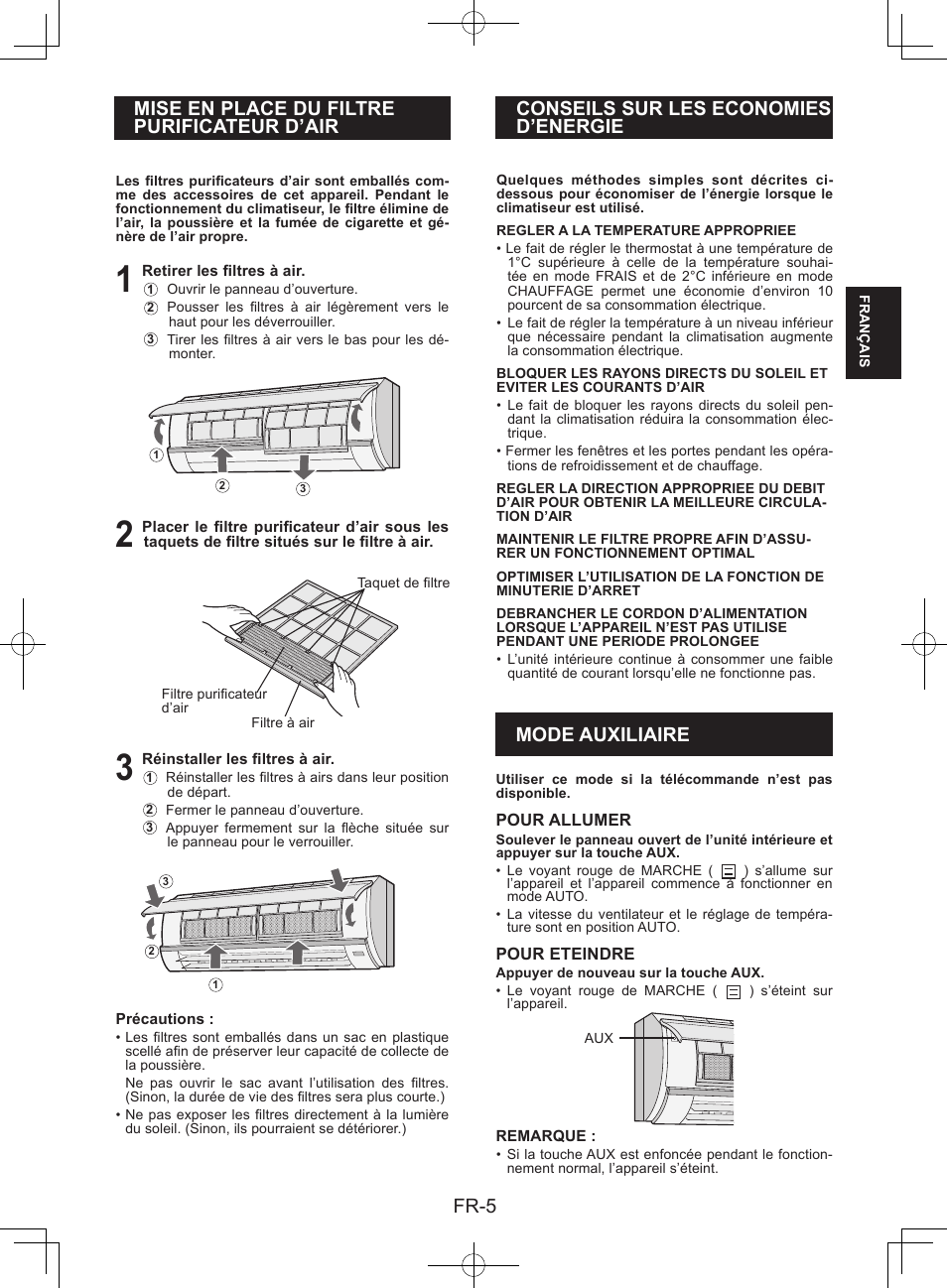 Mise en place du filtrepurificateur d’air, Conseils sur les economiesd’energie, Mode auxiliaire | Fr-5, Conseils sur les economies d’energie, Mise en place du filtre purificateur d’air | Sharp AY-XPC9JR User Manual | Page 23 / 116