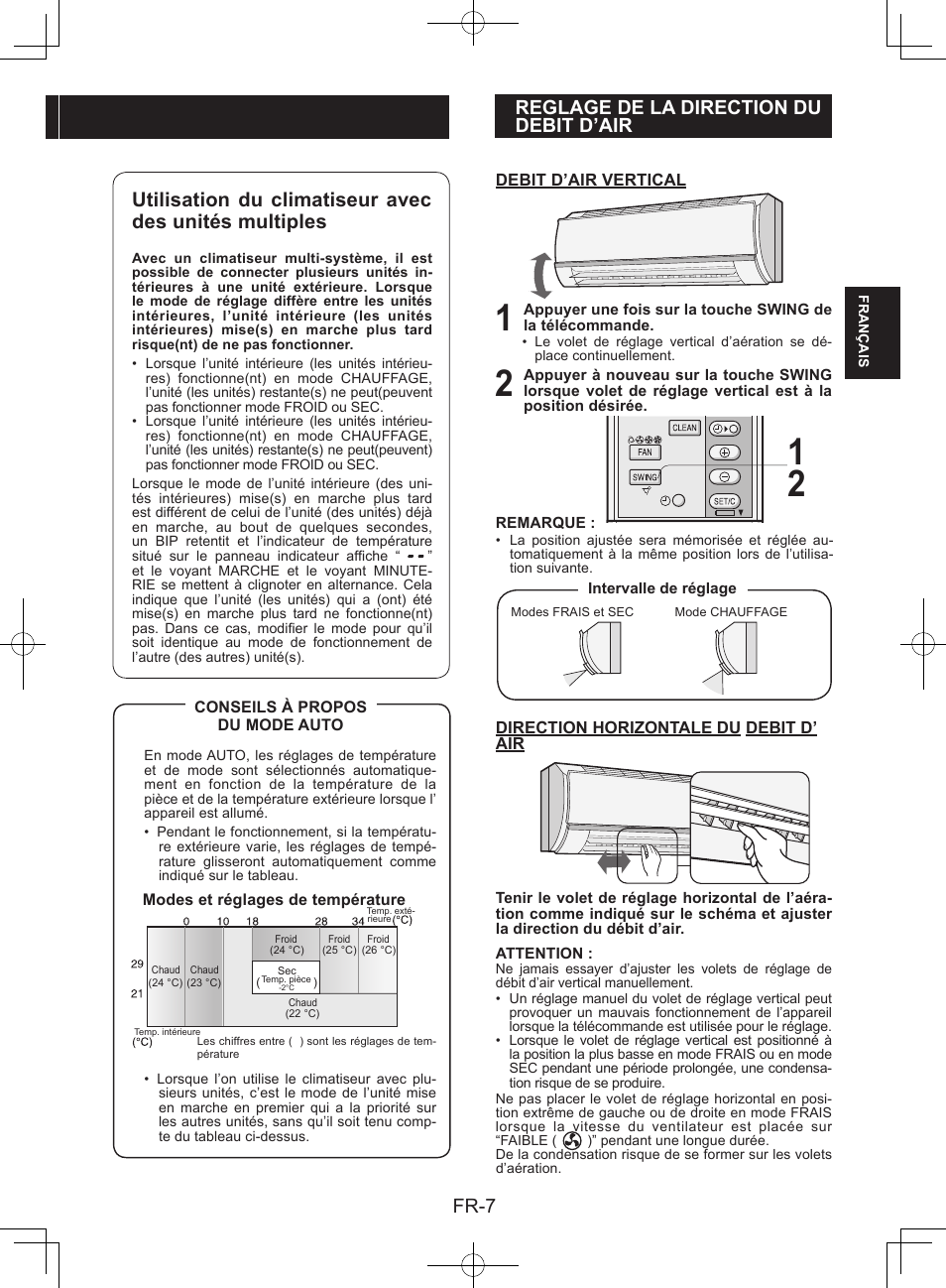 Reglage de la direction dudebit d’air, Fr-7, Reglage de la direction du debit d’air | Sharp AY-XPC9JR User Manual | Page 25 / 116