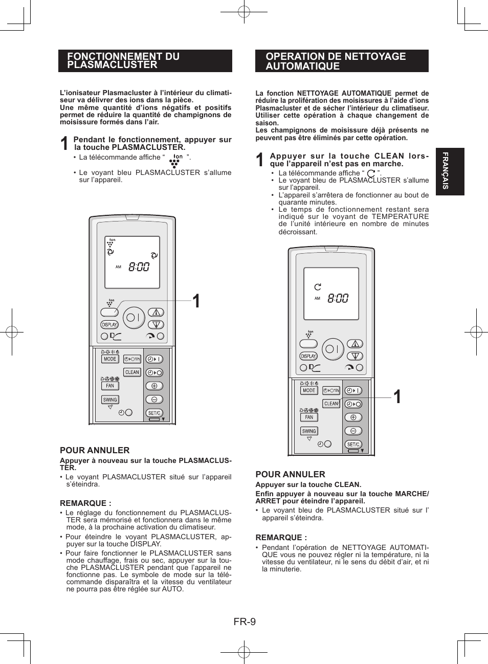 Fonctionnement duplasmacluster, Operation de nettoyageautomatique | Sharp AY-XPC9JR User Manual | Page 27 / 116