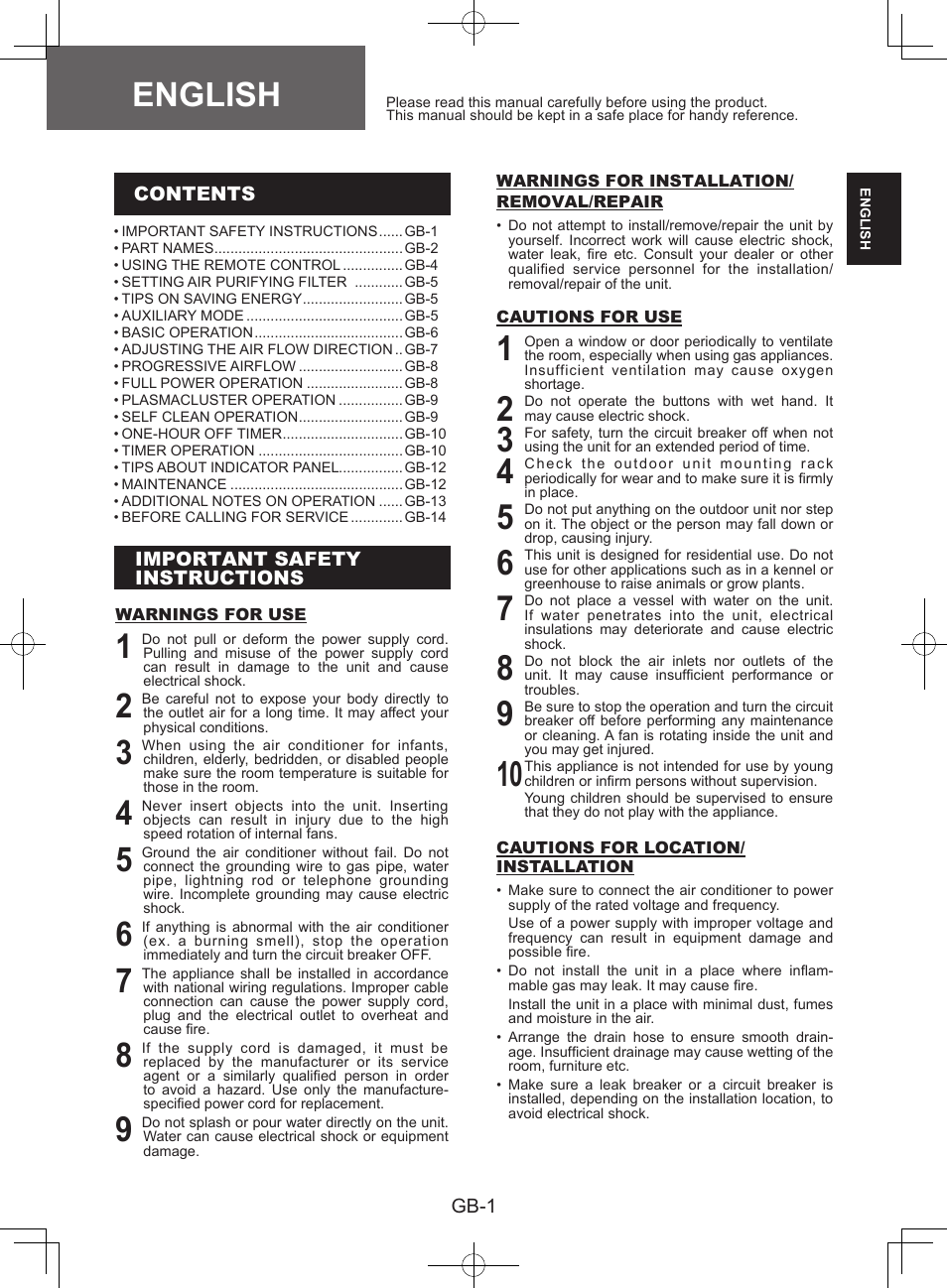 Sharp AY-XPC9JR User Manual | Page 3 / 116
