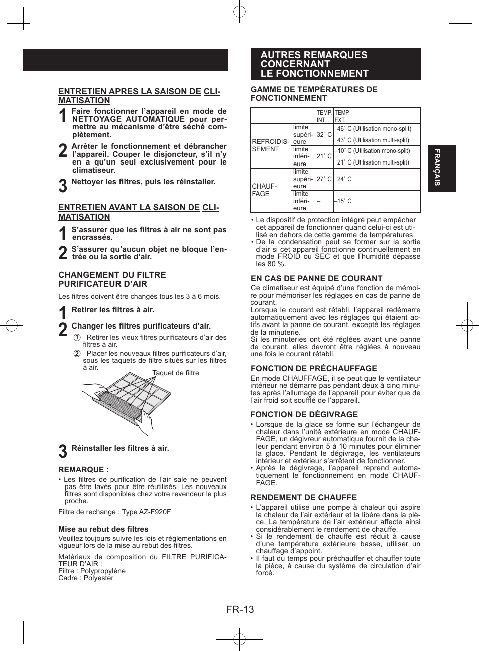 Autres remarquesconcernantle fonctionnement, Fr-13, Autres remarques concernant le fonctionnement | Sharp AY-XPC9JR User Manual | Page 31 / 116