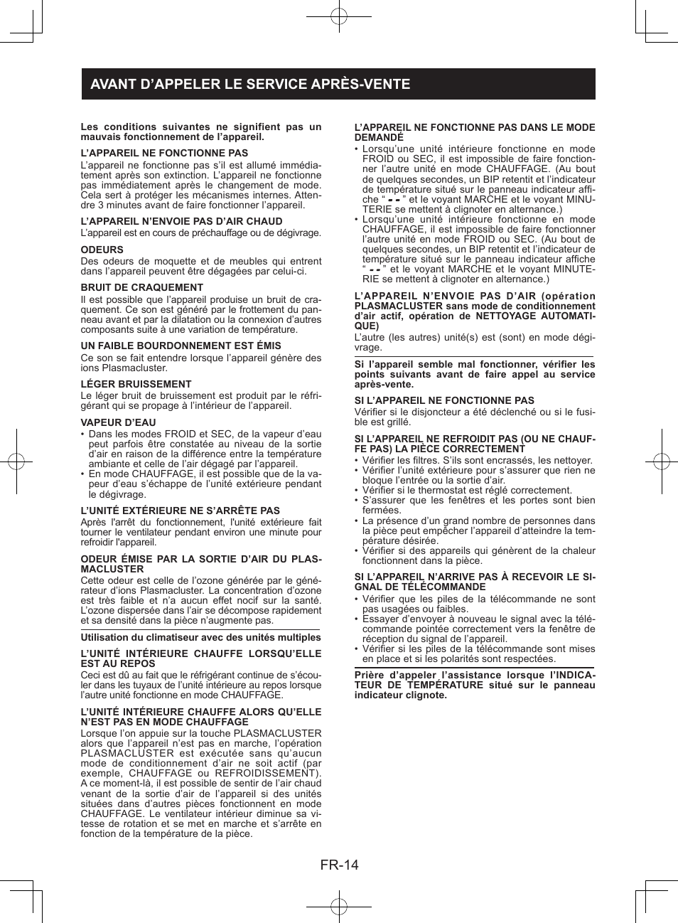 Avant d’appeler le service après-vente, Fr-14 avant d’appeler le service après-vente | Sharp AY-XPC9JR User Manual | Page 32 / 116