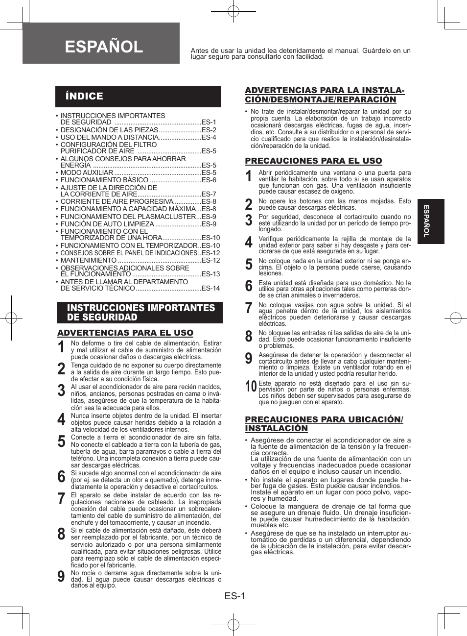 Español, Índice, Instrucciones importantesde seguridad | Sharp AY-XPC9JR User Manual | Page 35 / 116