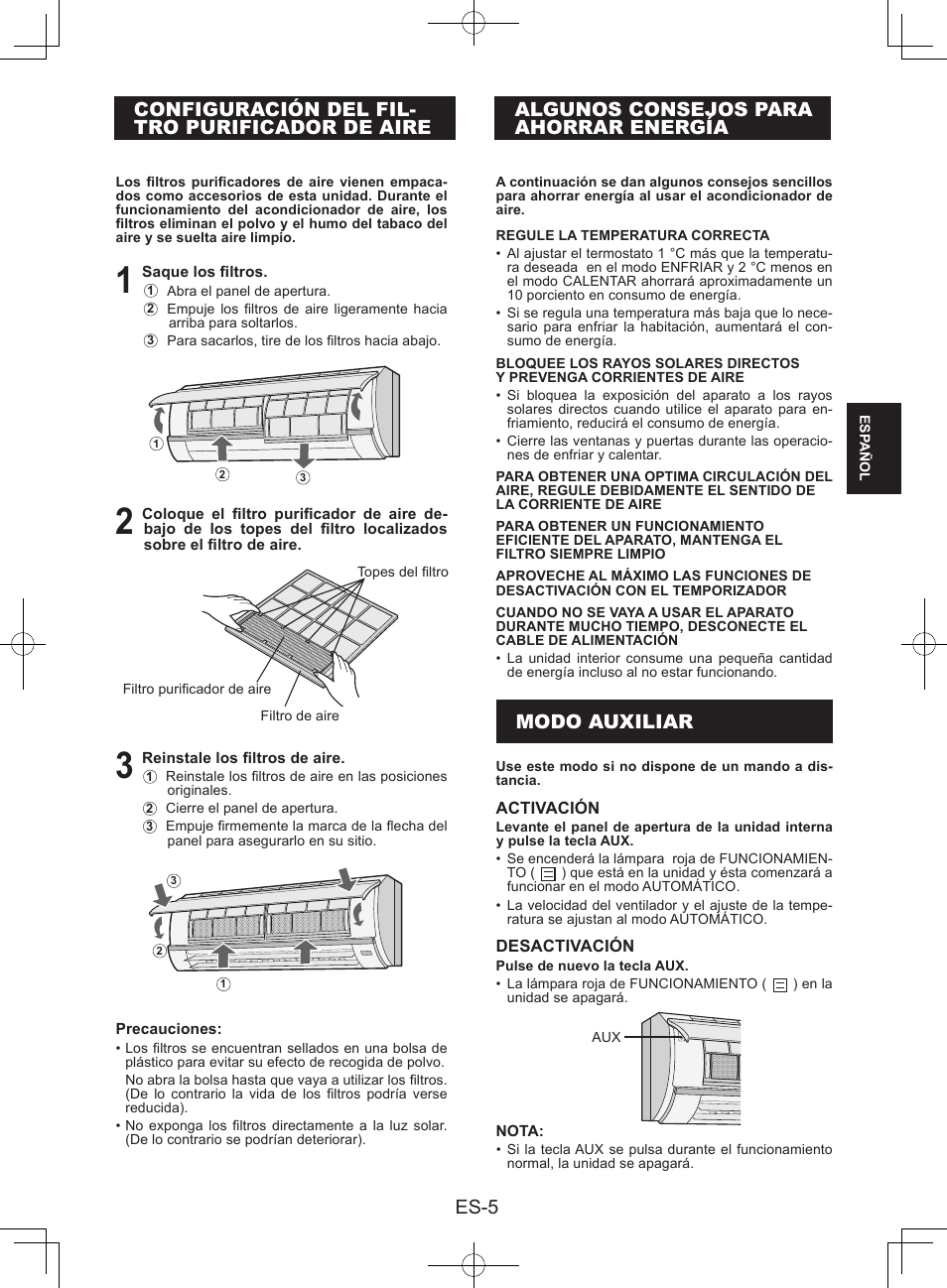 Configuración del filtropurificador de aire, Algunos consejos paraahorrar energía, Modo auxiliar | Es-5, Algunos consejos para ahorrar energía, Configuración del fil- tro purificador de aire | Sharp AY-XPC9JR User Manual | Page 39 / 116