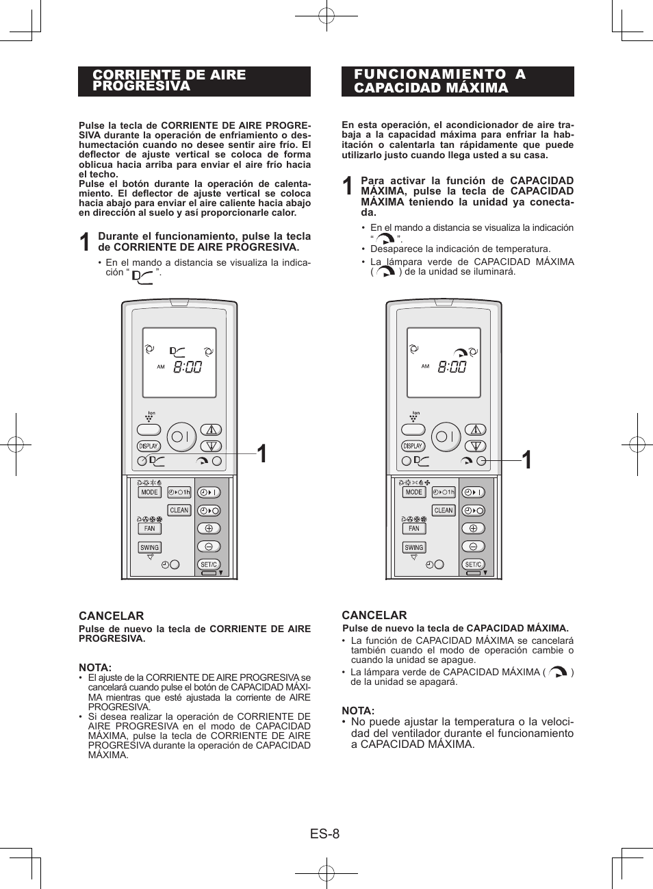 Corriente de aireprogresiva, Funcionamiento acapacidad máxima | Sharp AY-XPC9JR User Manual | Page 42 / 116