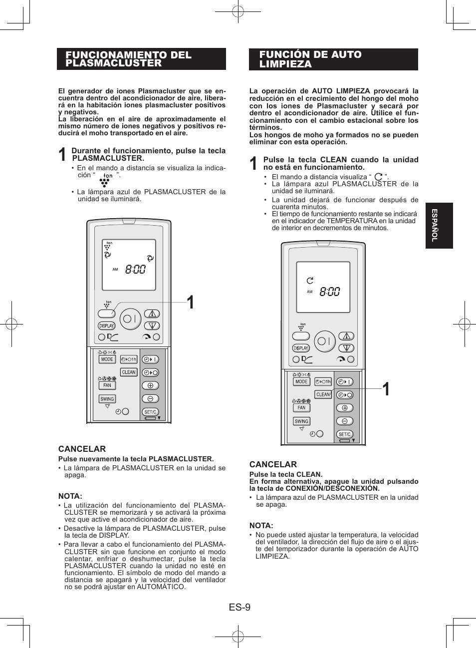 Funcionamiento delplasmacluster, Función de autolimpieza | Sharp AY-XPC9JR User Manual | Page 43 / 116