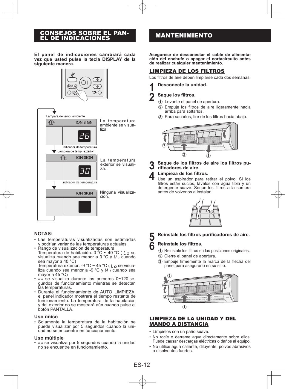 Consejos sobre el panelde indicaciones, Mantenimiento, Es-12 mantenimiento | Consejos sobre el pan- el de indicaciones | Sharp AY-XPC9JR User Manual | Page 46 / 116