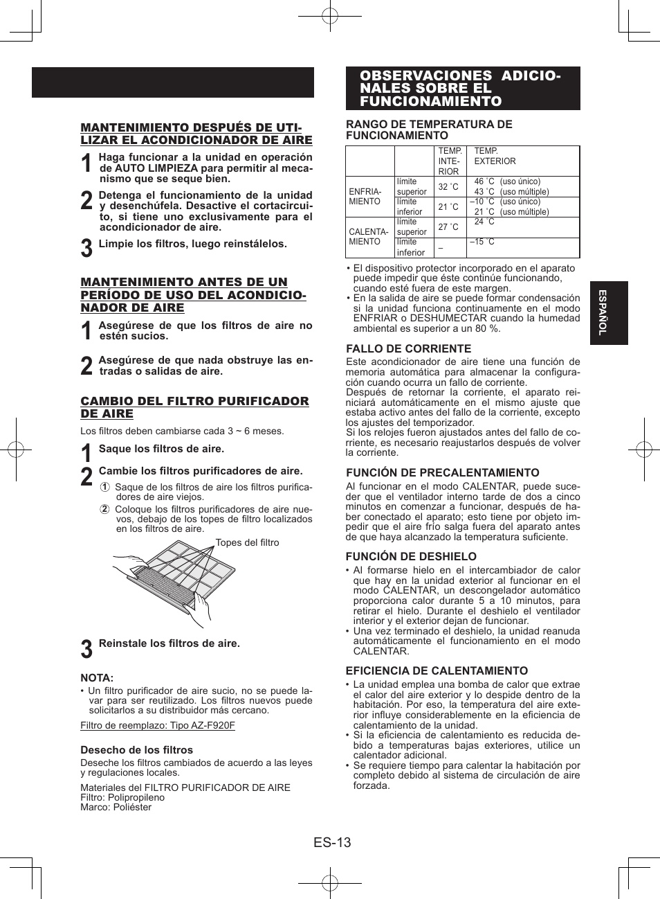 Observaciones adicionalessobre elfuncionamiento, Es-13 | Sharp AY-XPC9JR User Manual | Page 47 / 116