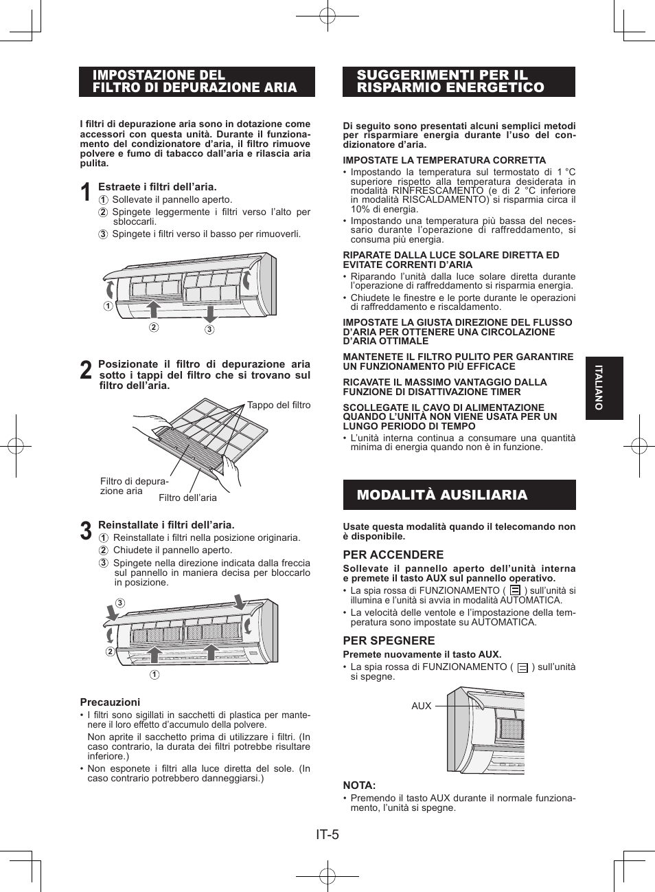 Impostazione delfiltro di depurazione aria, Suggerimenti per ilrisparmio energetico, Modalità ausiliaria | It-5, Suggerimenti per il risparmio energetico, Impostazione del filtro di depurazione aria | Sharp AY-XPC9JR User Manual | Page 55 / 116