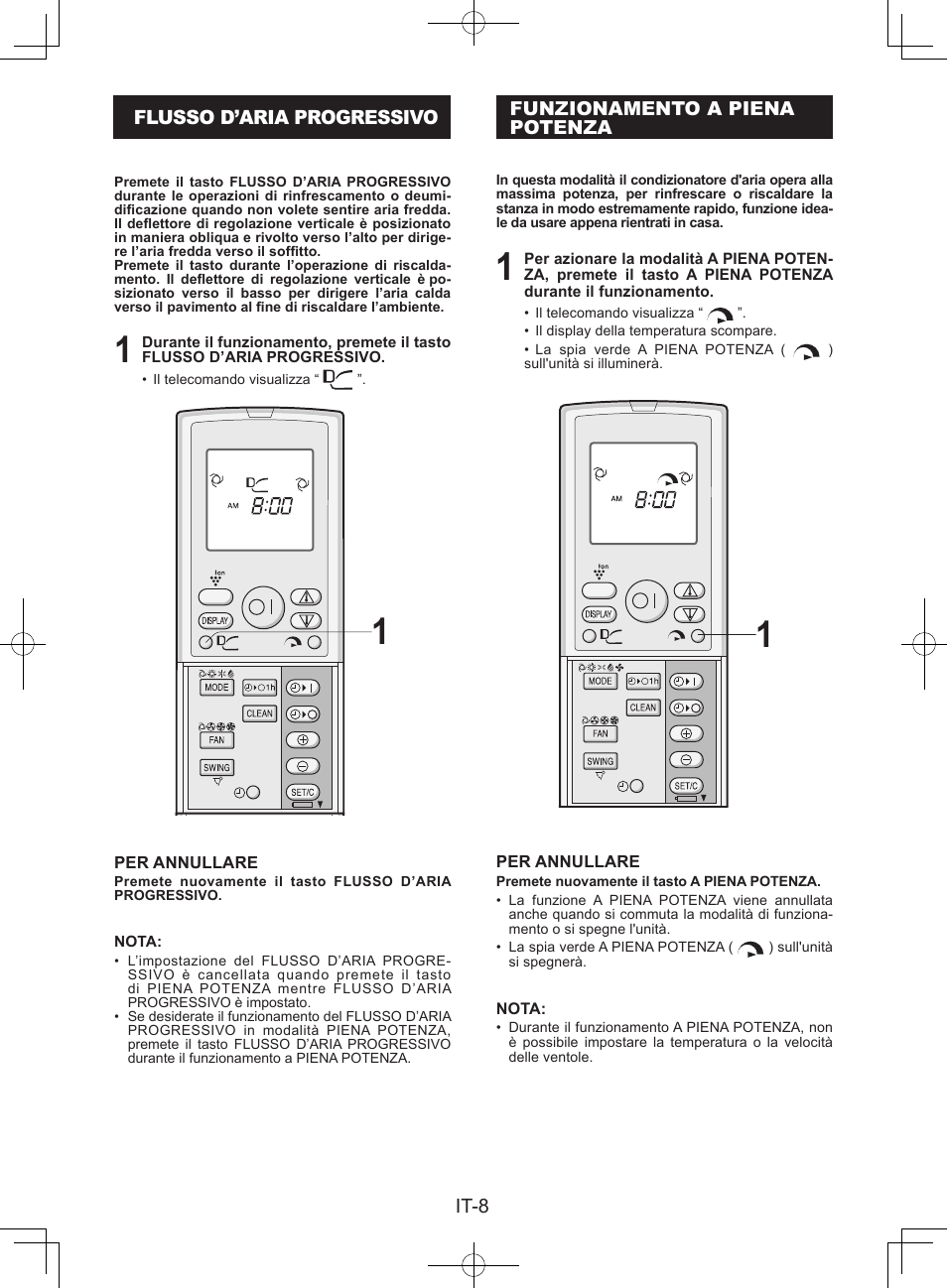 Flusso d’aria progressivo, Funzionamento a pienapotenza | Sharp AY-XPC9JR User Manual | Page 58 / 116