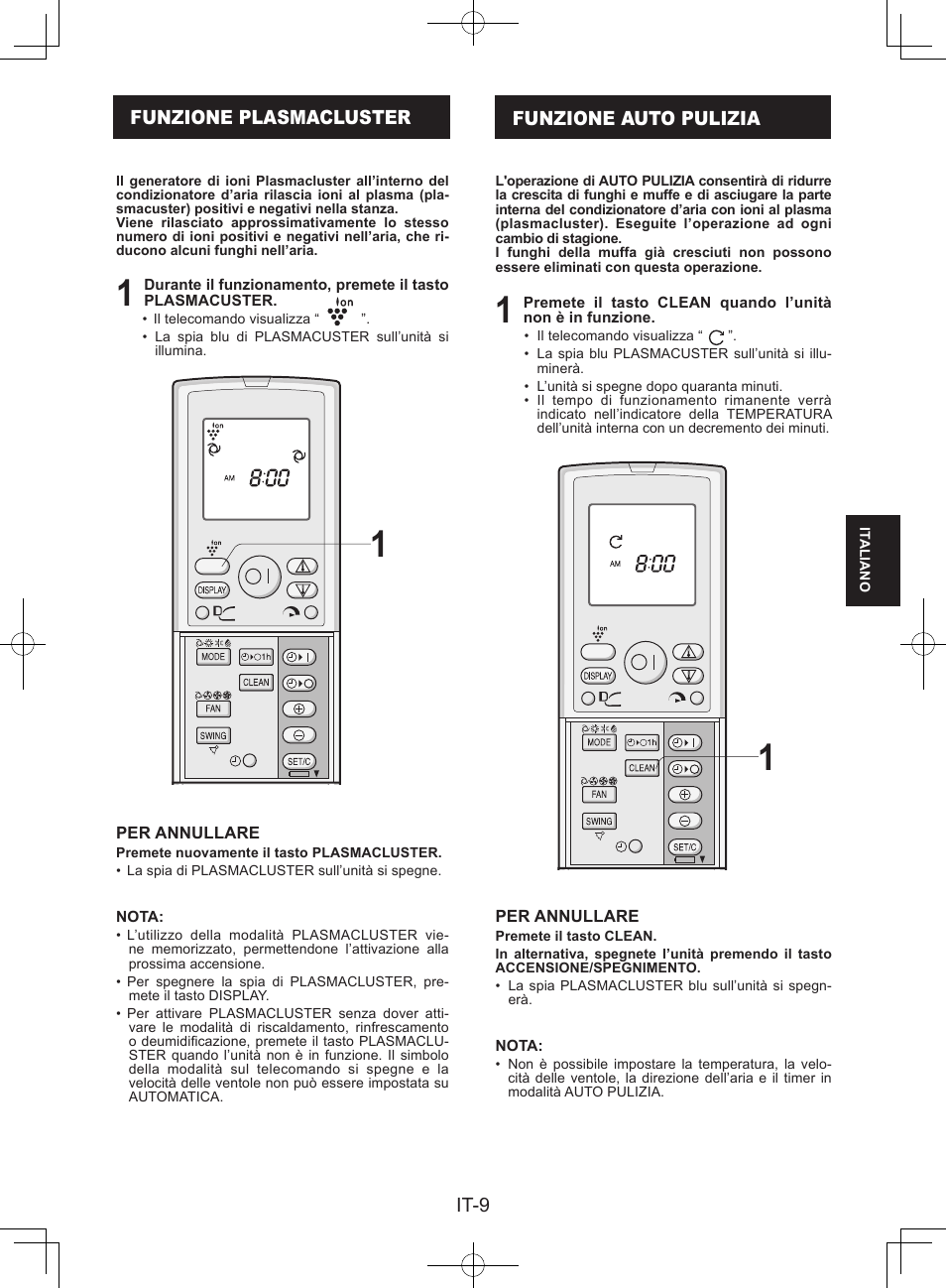 Funzione plasmacluster, Funzione auto pulizia | Sharp AY-XPC9JR User Manual | Page 59 / 116