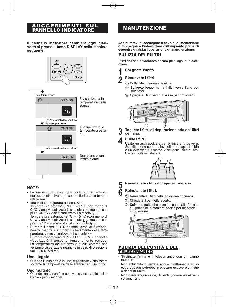 Suggerimenti sulpannello indicatore, Manutenzione, It-12 manutenzione | Sharp AY-XPC9JR User Manual | Page 62 / 116