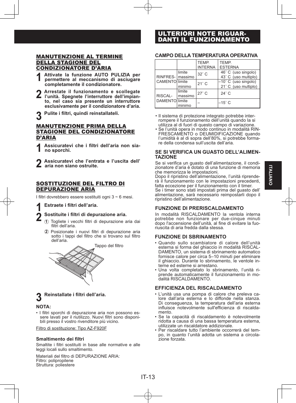 Ulteriori note riguardantiil funzionamento, It-13 | Sharp AY-XPC9JR User Manual | Page 63 / 116