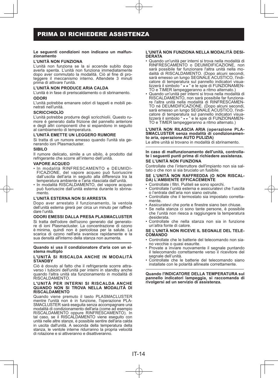 Prima di richiedere assistenza, It-14 prima di richiedere assistenza | Sharp AY-XPC9JR User Manual | Page 64 / 116