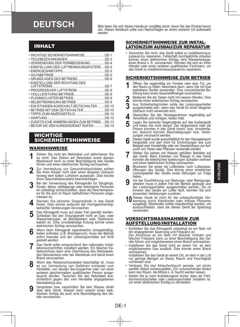 Deutsch, Inhalt, Wichtigesicherheits hinweise | Sharp AY-XPC9JR User Manual | Page 67 / 116