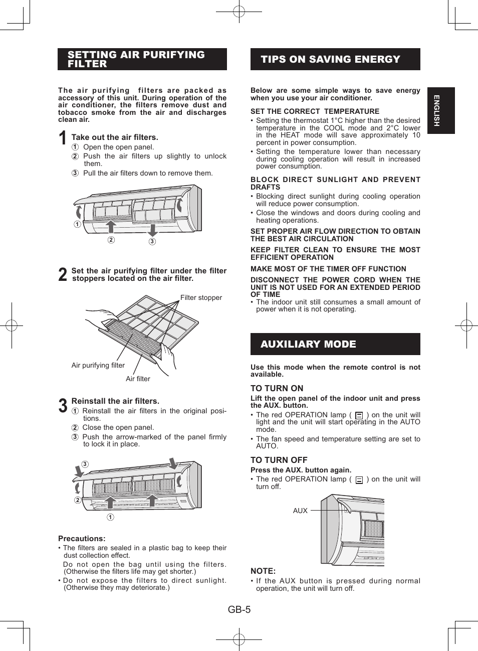 Setting air purifyingfilter, Tips on saving energy, Auxiliary mode | Gb-5, Setting air purifying filter | Sharp AY-XPC9JR User Manual | Page 7 / 116