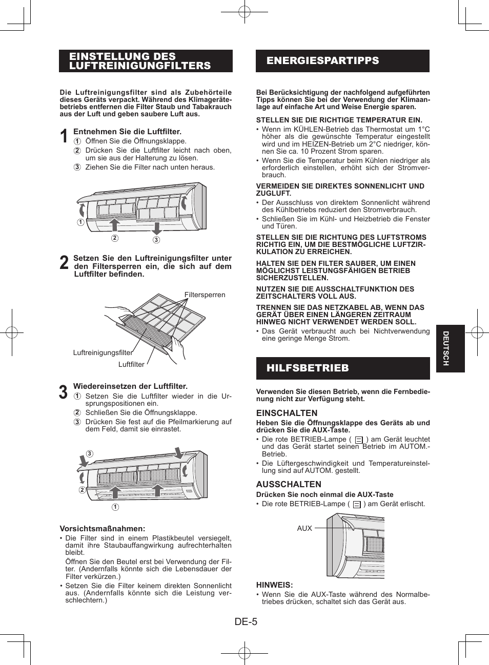 Einstellung desluftreinigungfilters, Energiespartipps, Hilfsbetrieb | De-5, Einstellung des luftreinigungfilters | Sharp AY-XPC9JR User Manual | Page 71 / 116