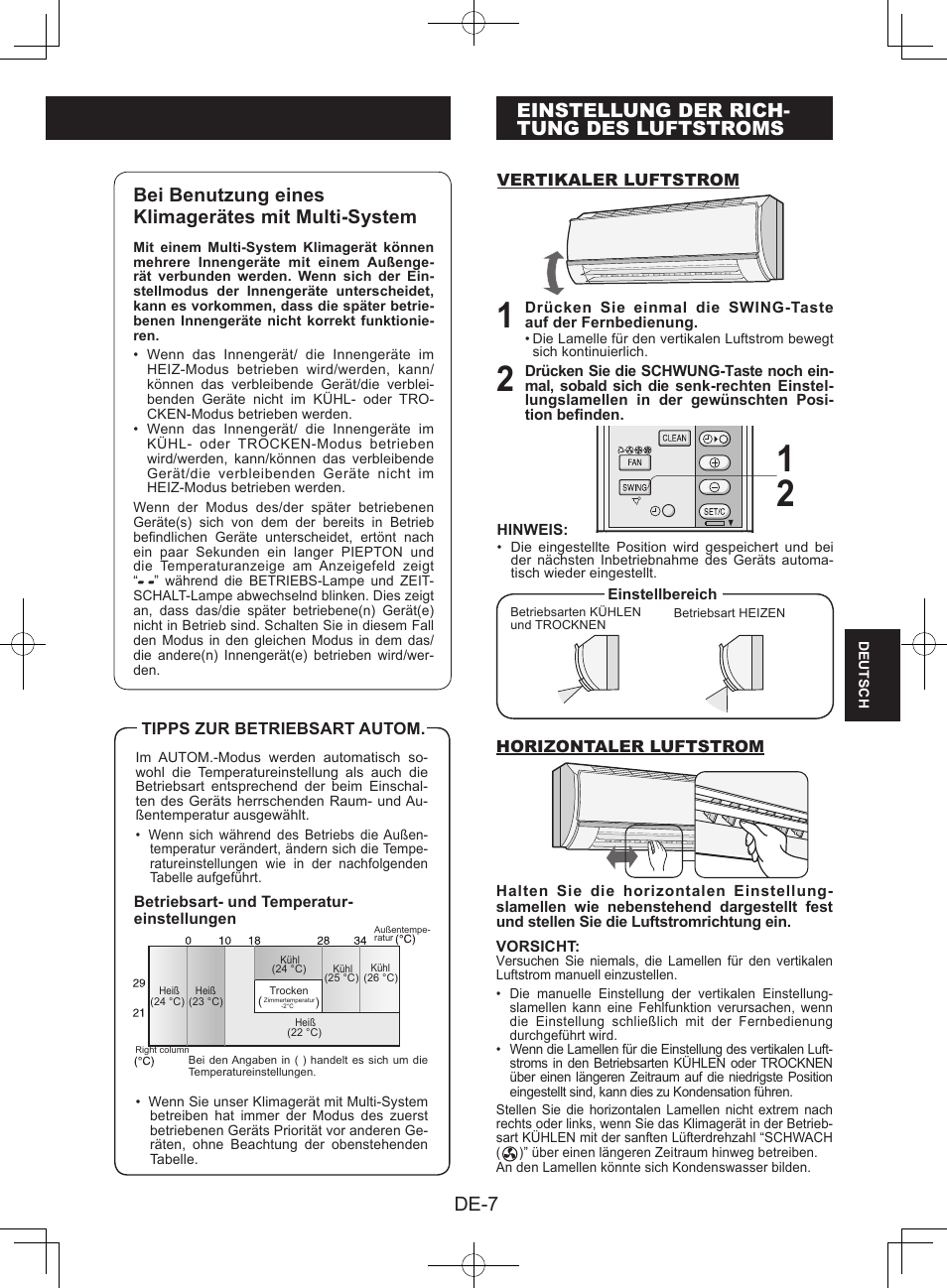 Einstellung der richtungdes luftstroms, De-7, Einstellung der rich- tung des luftstroms | Bei benutzung eines klimagerätes mit multi-system | Sharp AY-XPC9JR User Manual | Page 73 / 116