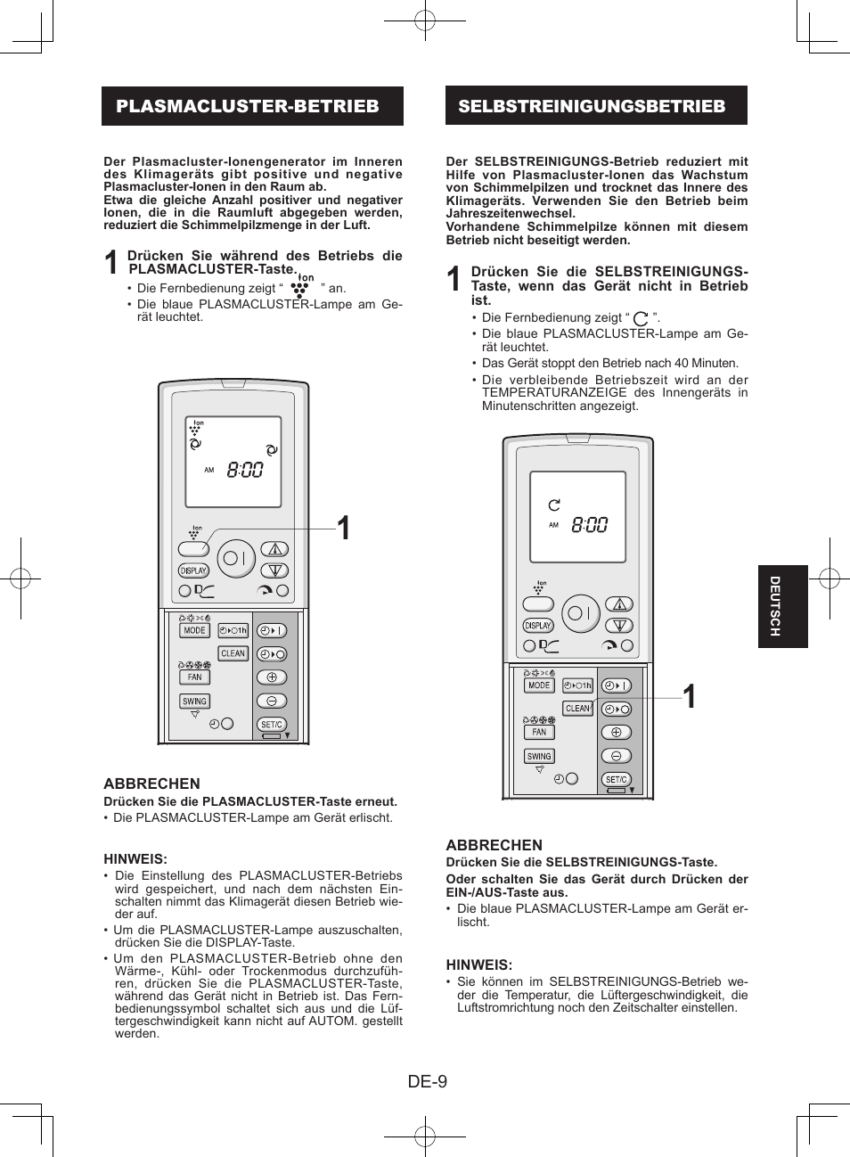 Plasmacluster-betrieb, Selbstreinigungsbetrieb | Sharp AY-XPC9JR User Manual | Page 75 / 116