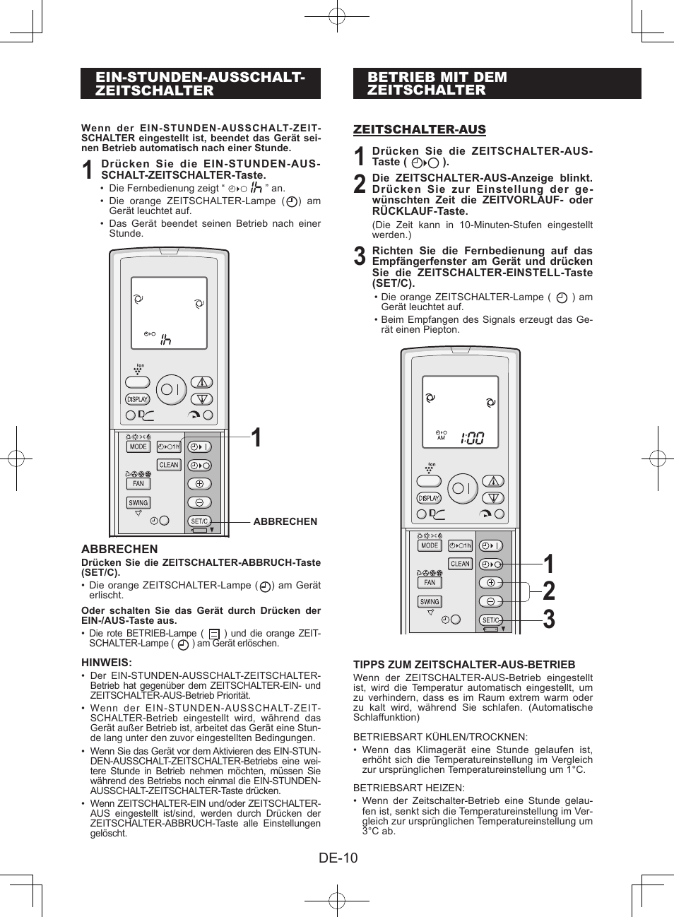 Ein-stunden-ausschaltzeitschalter, Betrieb mit demzeitschalter | Sharp AY-XPC9JR User Manual | Page 76 / 116