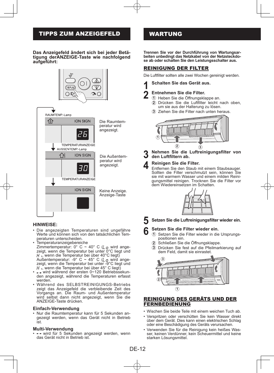 Tipps zum anzeigefeld, Wartung, De-12 | Sharp AY-XPC9JR User Manual | Page 78 / 116