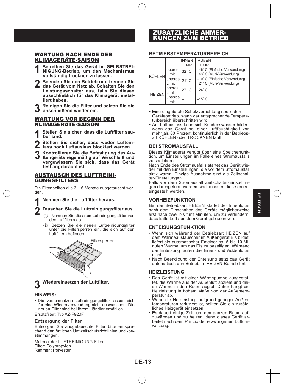 Zusätzliche anmerkungenzum betrieb, De-13, Zusätzliche anmer- kungen zum betrieb | Sharp AY-XPC9JR User Manual | Page 79 / 116