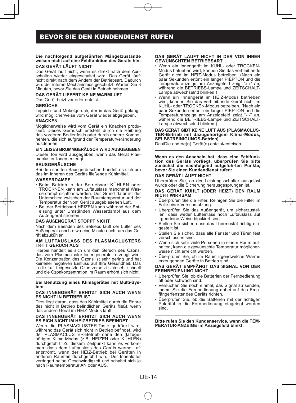 Bevor sie den kundendienst rufen, De-14 bevor sie den kundendienst rufen | Sharp AY-XPC9JR User Manual | Page 80 / 116