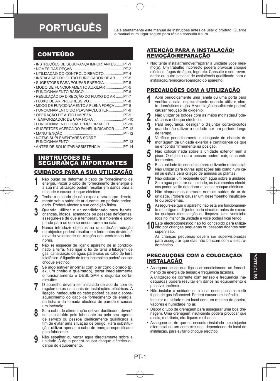 Português, Conteúdo, Instruções desegurança importantes | Sharp AY-XPC9JR User Manual | Page 99 / 116