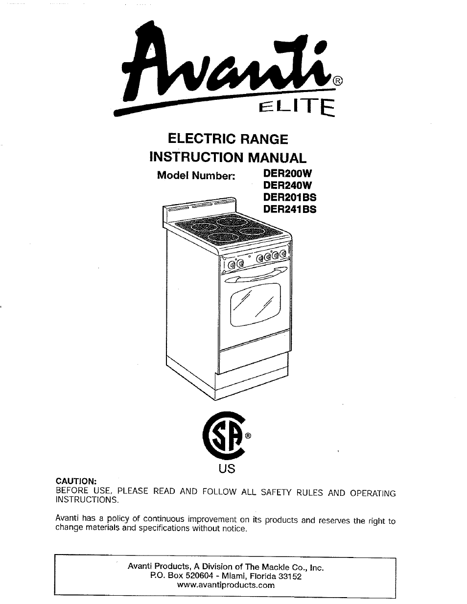 Avanti DER240W User Manual | 20 pages