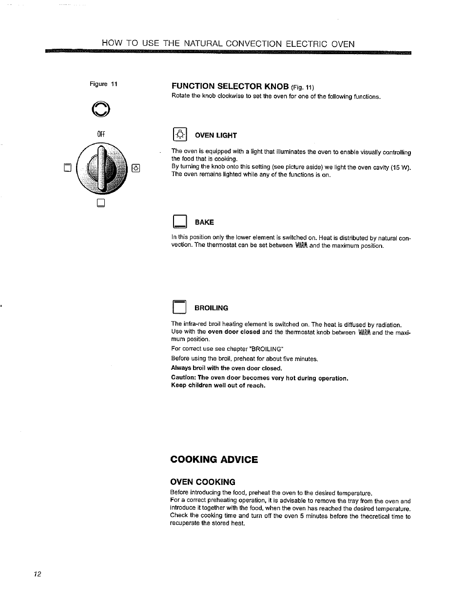 Function selector knob (fig 11), Cooking advice, Oven cooking | Avanti DER240W User Manual | Page 12 / 20