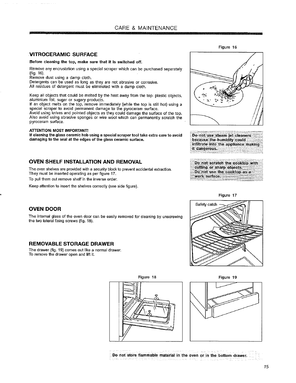 Vitroceramic surface, Oven shelf installation and removal, Oven door | Removable storage drawer, Care & maintenance | Avanti DER240W User Manual | Page 15 / 20