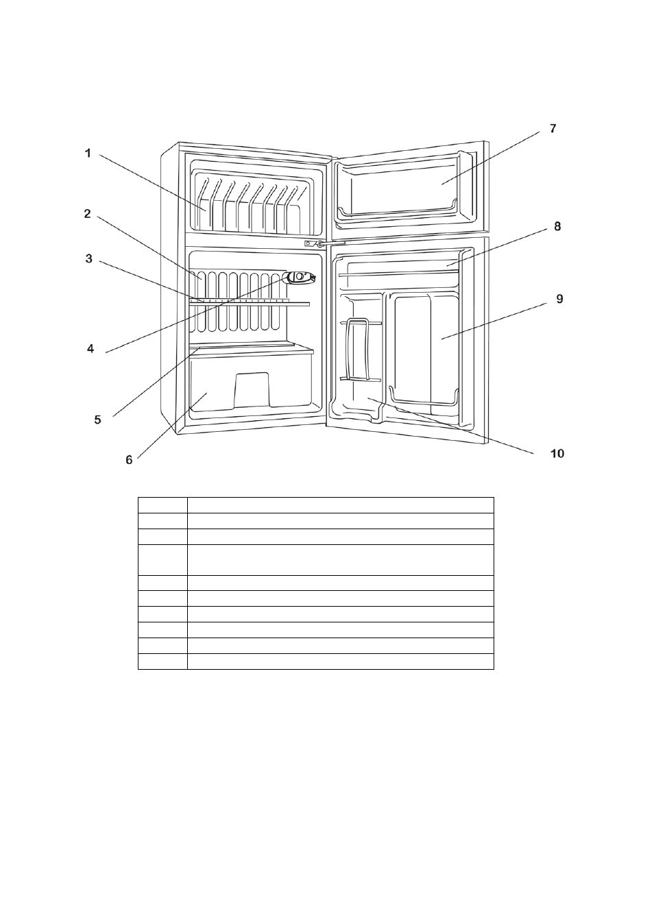 Parts and features, Freezer compartment, Refrigerator compartment | Shelf (total 1), Temperature control, With integrated interior light assembly), Crisper cover (glass – total 1), Vegetable crisper, Freezer door bin, Refrigerator door - bin | Avanti RA304BT User Manual | Page 6 / 20