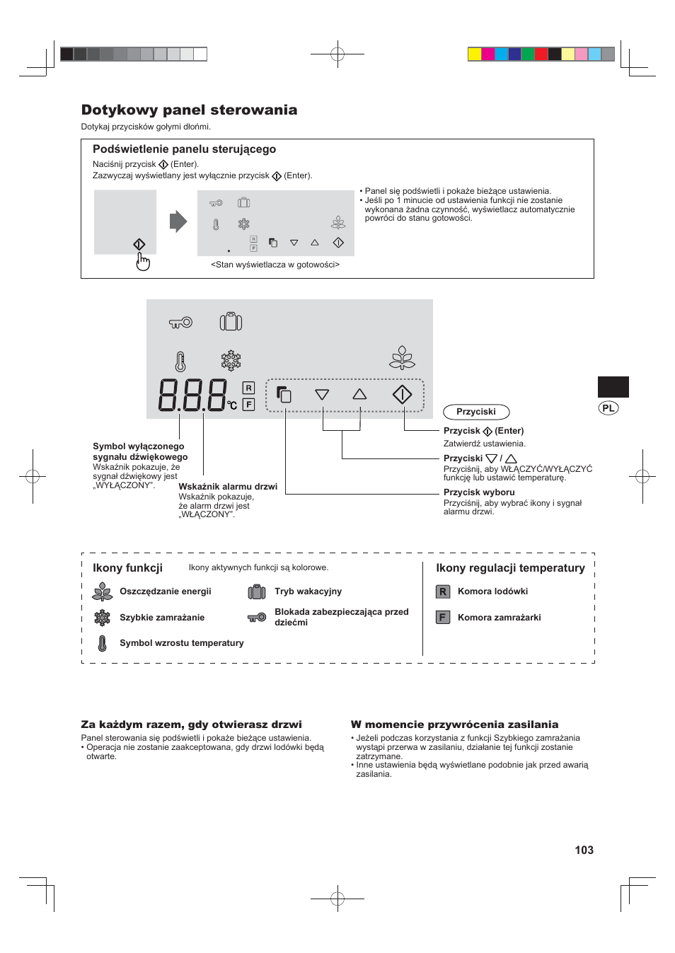 Dotykowy panel sterowania, Podświetlenie panelu sterującego, Ikony funkcji | Ikony regulacji temperatury | Sharp SJ-FJ810VBK User Manual | Page 103 / 232