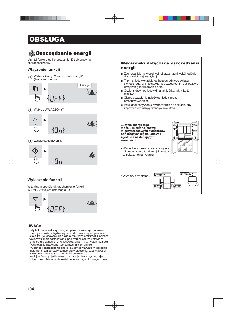 Obsługa, Oszczędzanie energii, Włączenie funkcji | Wyłączenie funkcji, Wskazówki dotyczące oszczędzania energii | Sharp SJ-FJ810VBK User Manual | Page 104 / 232