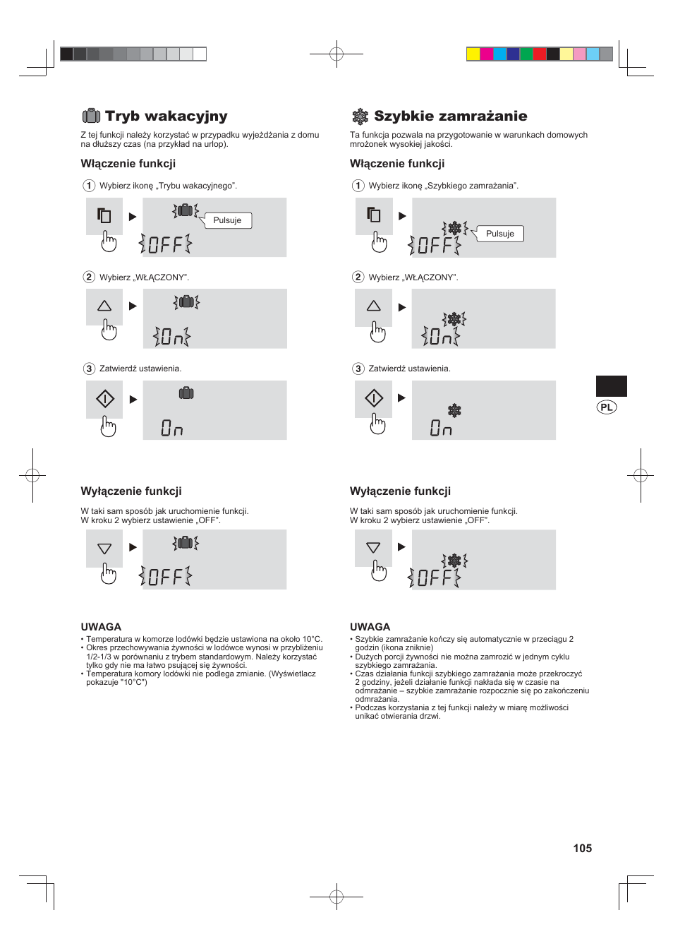 Tryb wakacyjny, Szybkie zamrażanie | Sharp SJ-FJ810VBK User Manual | Page 105 / 232