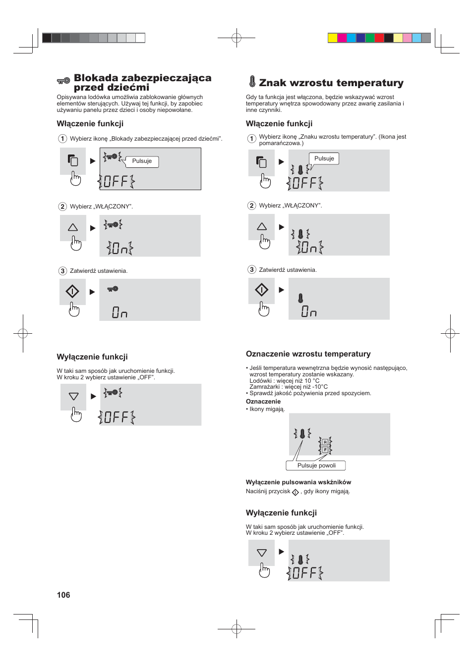 Blokada zabezpieczająca przed dziećmi, Znak wzrostu temperatury | Sharp SJ-FJ810VBK User Manual | Page 106 / 232