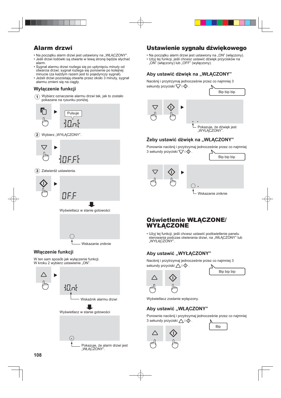 Alarm drzwi, Ustawienie sygnału dźwiękowego, Oświetlenie włączone/ wyłączone | Sharp SJ-FJ810VBK User Manual | Page 108 / 232