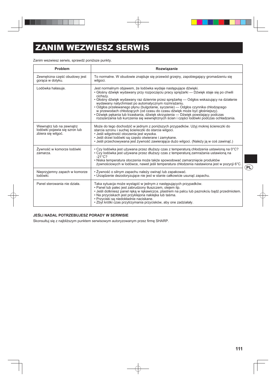 Zanim wezwiesz serwis | Sharp SJ-FJ810VBK User Manual | Page 111 / 232