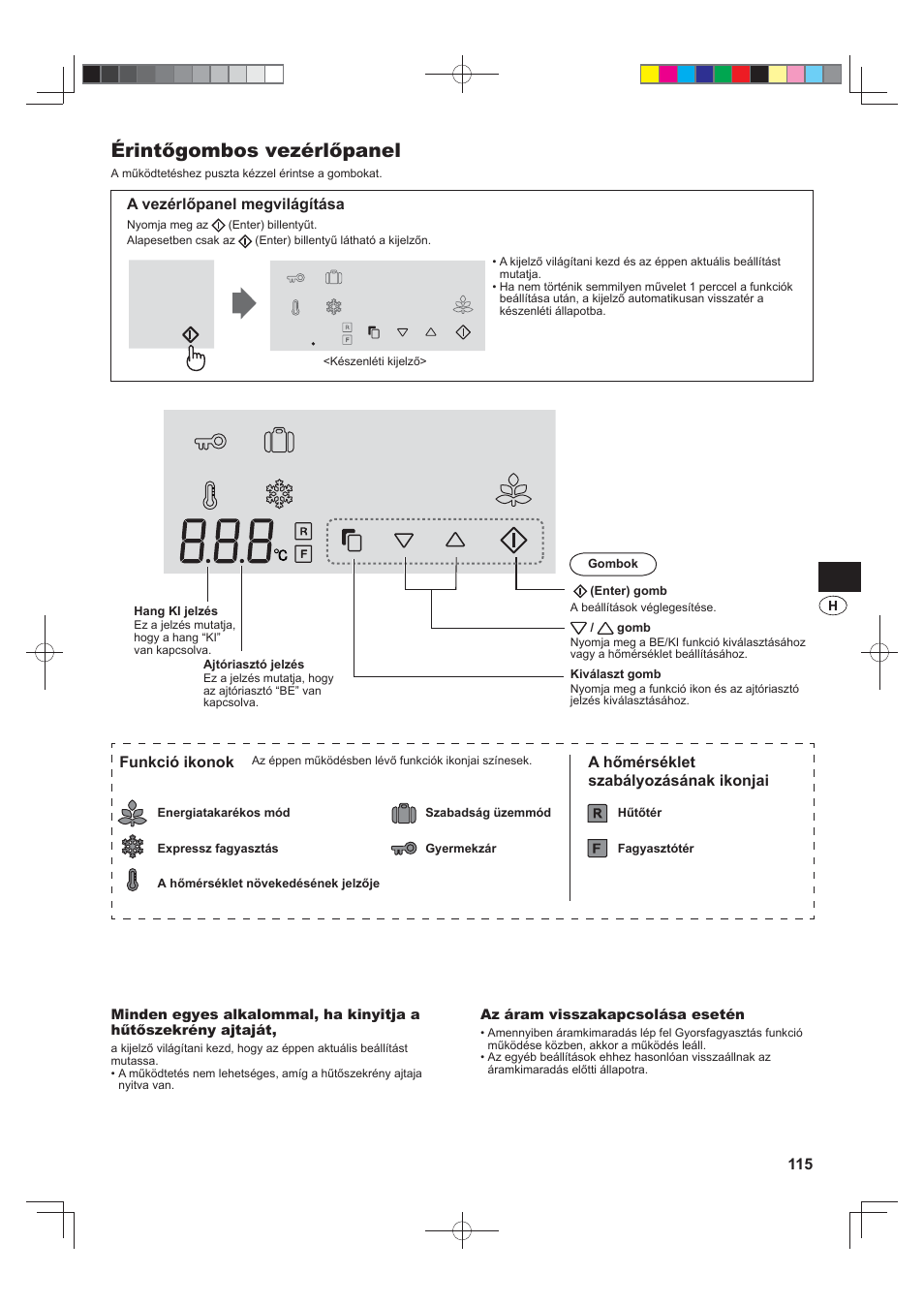 Érintőgombos vezérlőpanel, A vezérlőpanel megvilágítása, Funkció ikonok | A hőmérséklet szabályozásának ikonjai | Sharp SJ-FJ810VBK User Manual | Page 115 / 232