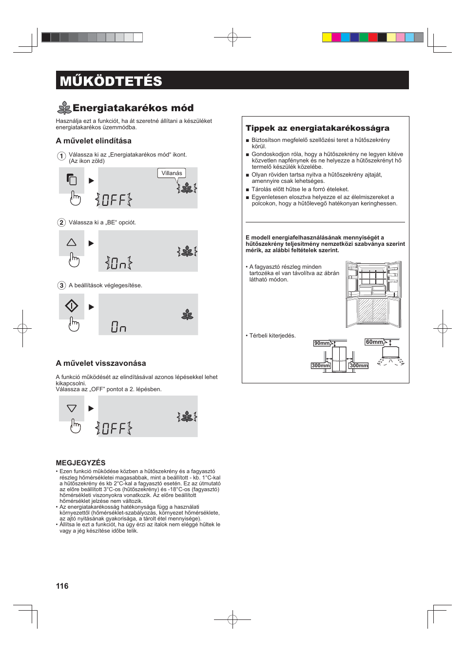 Működtetés, Energiatakarékos mód, A művelet elindítása | A művelet visszavonása, Tippek az energiatakarékosságra | Sharp SJ-FJ810VBK User Manual | Page 116 / 232