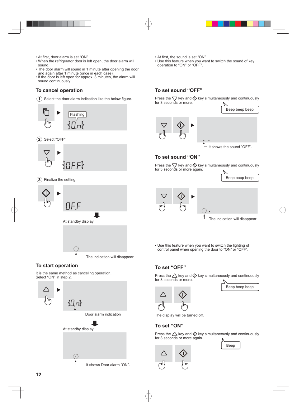 Door alarm, Sound on/off, Lighting on/off | Sharp SJ-FJ810VBK User Manual | Page 12 / 232