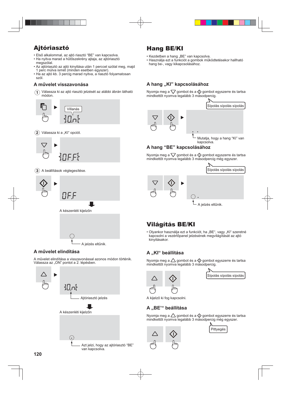 Ajtóriasztó, Hang be/ki, Világítás be/ki | Sharp SJ-FJ810VBK User Manual | Page 120 / 232