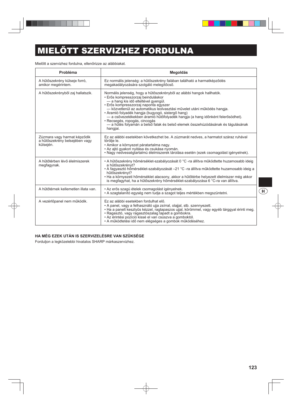 Mielőtt szervizhez fordulna | Sharp SJ-FJ810VBK User Manual | Page 123 / 232