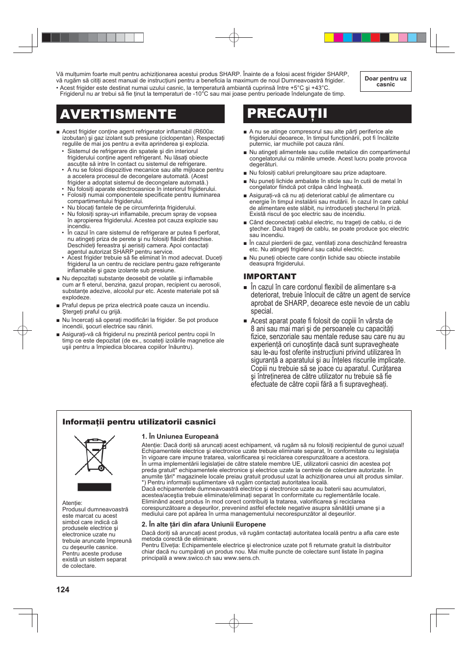 Avertismente precauţii | Sharp SJ-FJ810VBK User Manual | Page 124 / 232