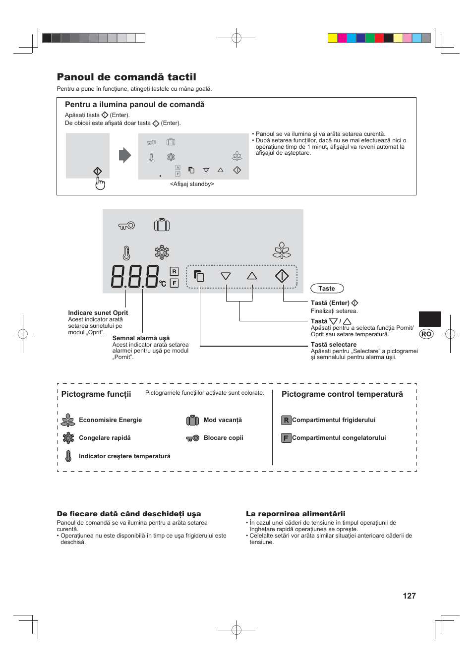 Panoul de comandă tactil, Pentru a ilumina panoul de comandă, Pictograme funcţii | Pictograme control temperatură | Sharp SJ-FJ810VBK User Manual | Page 127 / 232