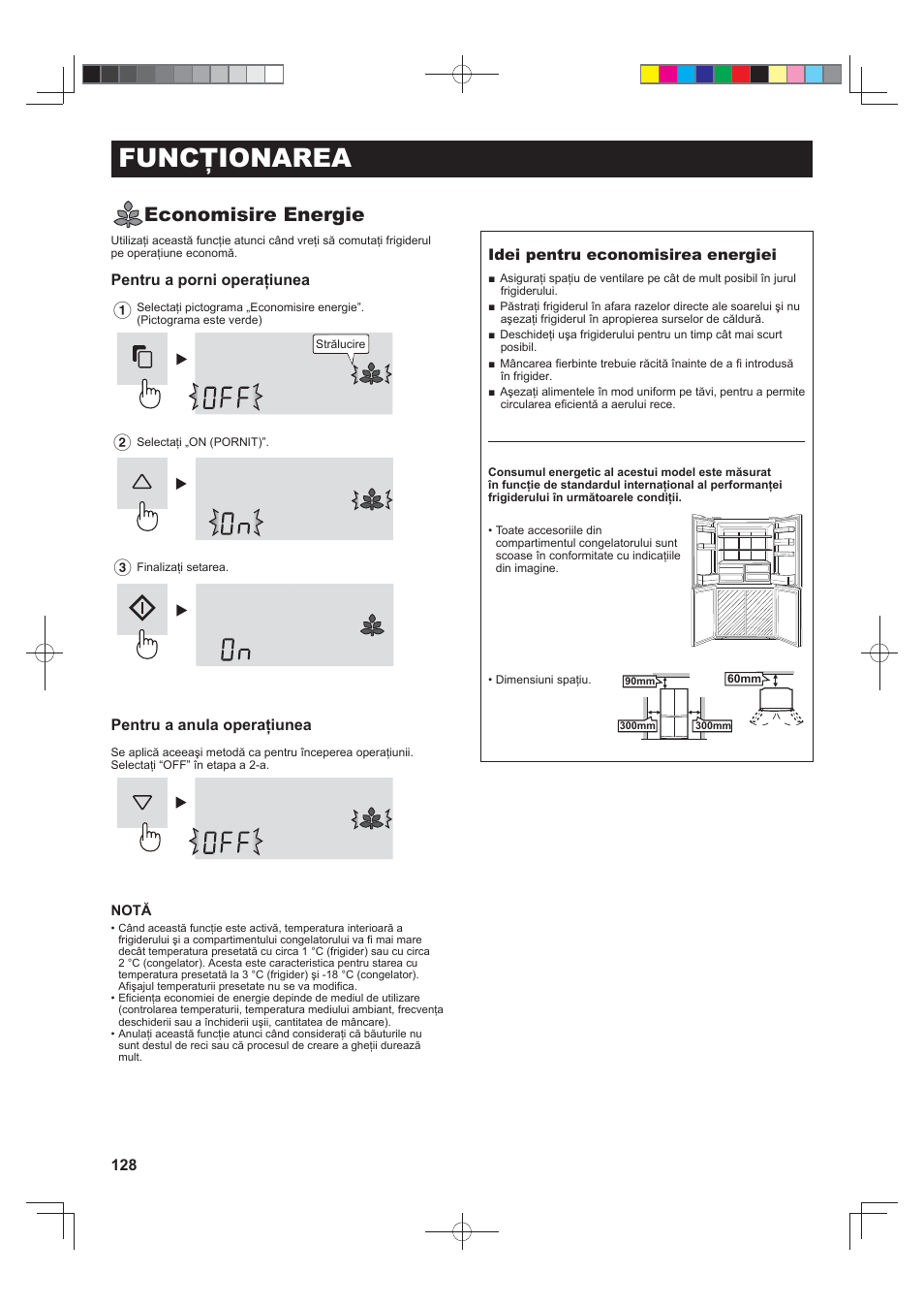 Funcţionarea, Economisire energie, Pentru a porni operaţiunea | Pentru a anula operaţiunea, Idei pentru economisirea energiei | Sharp SJ-FJ810VBK User Manual | Page 128 / 232