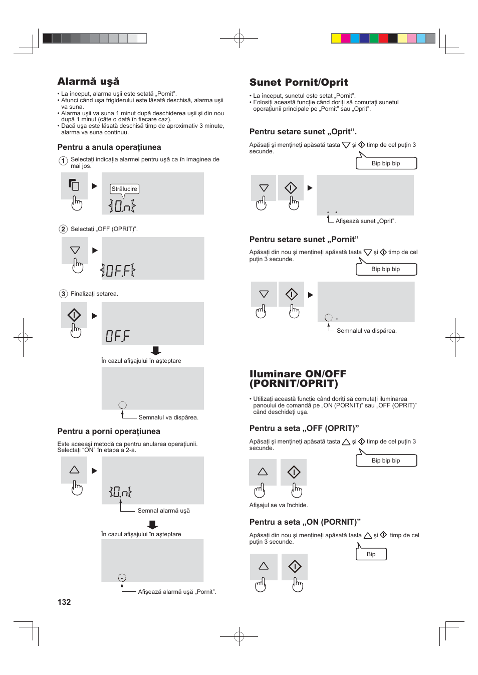 Alarmă uşă, Sunet pornit/oprit, Iluminare on/off (pornit/oprit) | Sharp SJ-FJ810VBK User Manual | Page 132 / 232